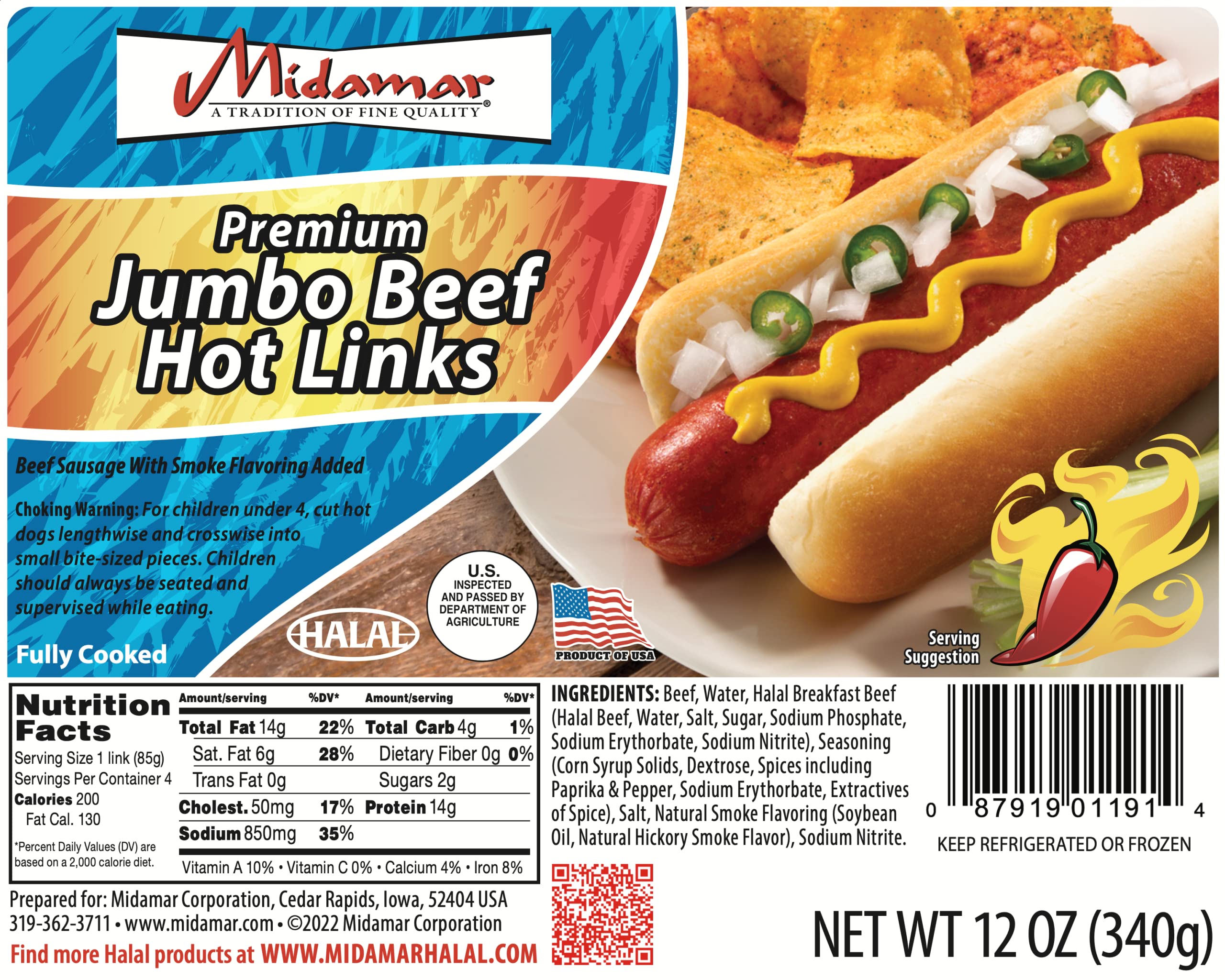 Amazon.com: Midamar Halal Jumbo Beef Hot Links - 12, 12 oz packs